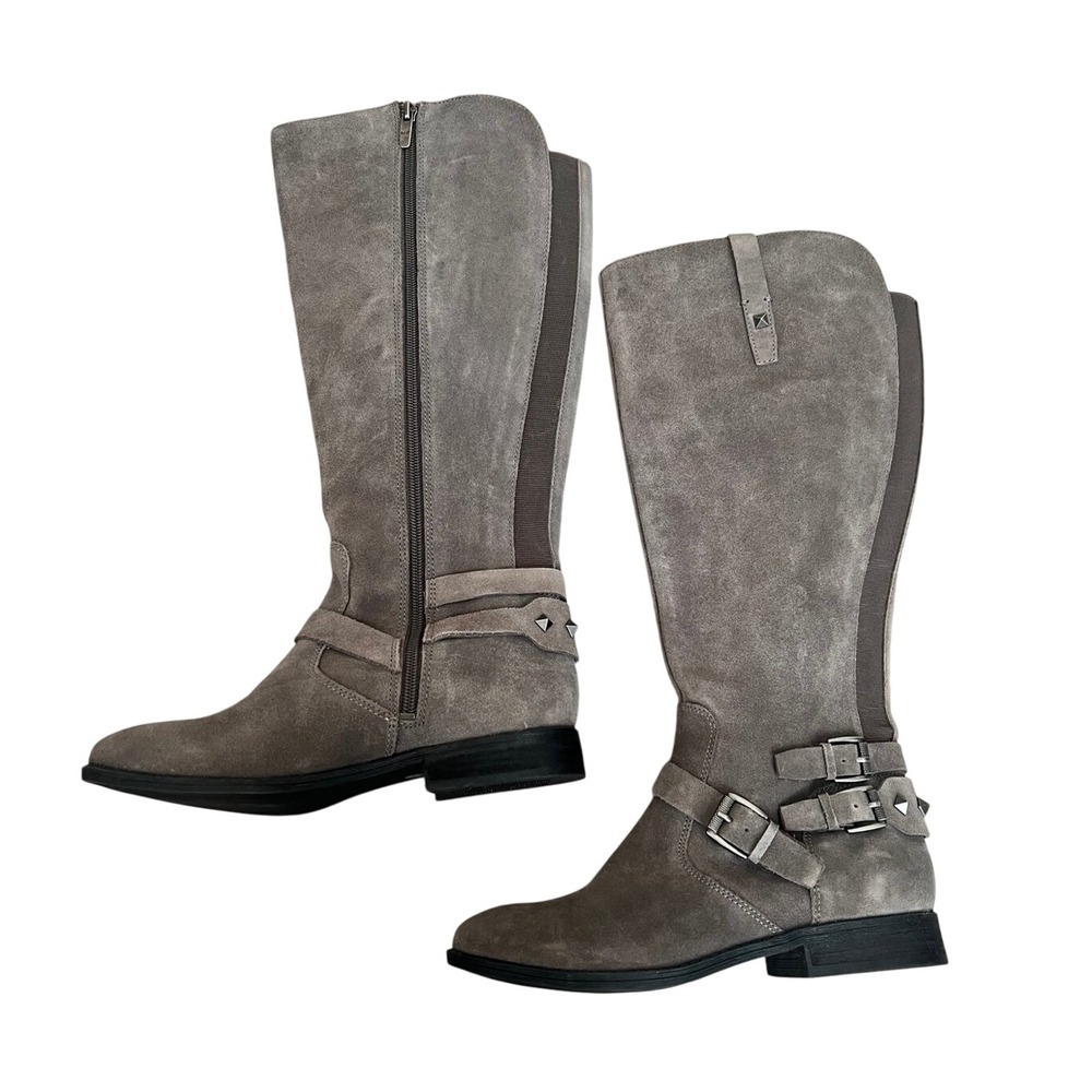 Marc Fisher Womens Gray Suede Knee High Boots Buckle Studded Side Zip Flat Heel - Picture 2 of 11